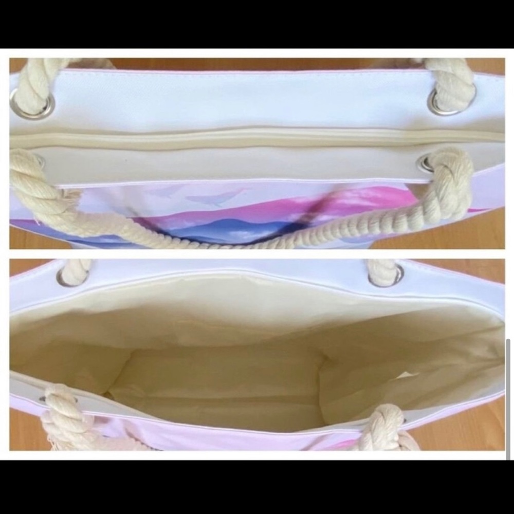 New! Ombré Ocean Whale Rope Handle Tote Travel Bag Beach with pocket - Picture 8 of 12